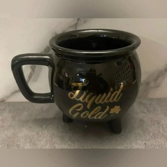 NWT Liquid Gold Black Coffee Tea Mug Gold Tone Lettering Pot of Gold - Picture 1 of 3